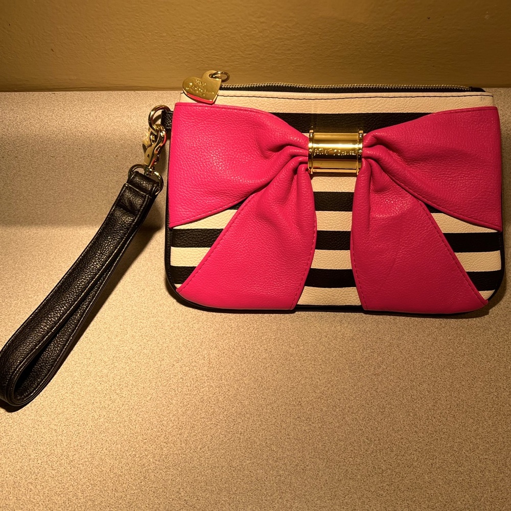 Betsy Johnson Striped and Pink Bow Wristlet